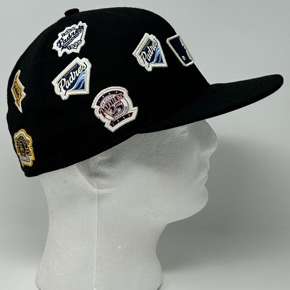 San Diego SD Padres Hat Baseball Cap Fitted 7 5/8 New Era Logo History Black - Picture 10 of 12